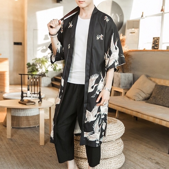 Unisex crane bird kimono satin robe - Picture 4 of 6